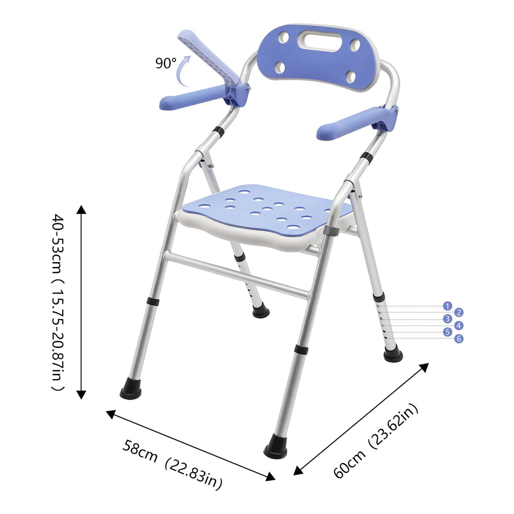 Folding Shower Seat with Arms and Back, Height Adjustable Non-Slip Bath Bench, 330lbs Capacity, Blue R324