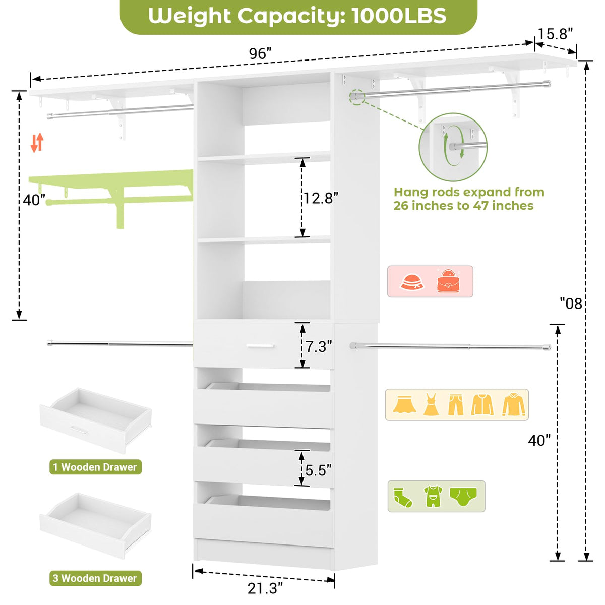 Wood Closet Organizer System with 4 Drawers A233