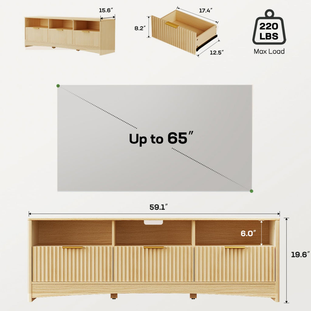 Oak Fluted TV Stand for 65 inch TV with Drawers W199