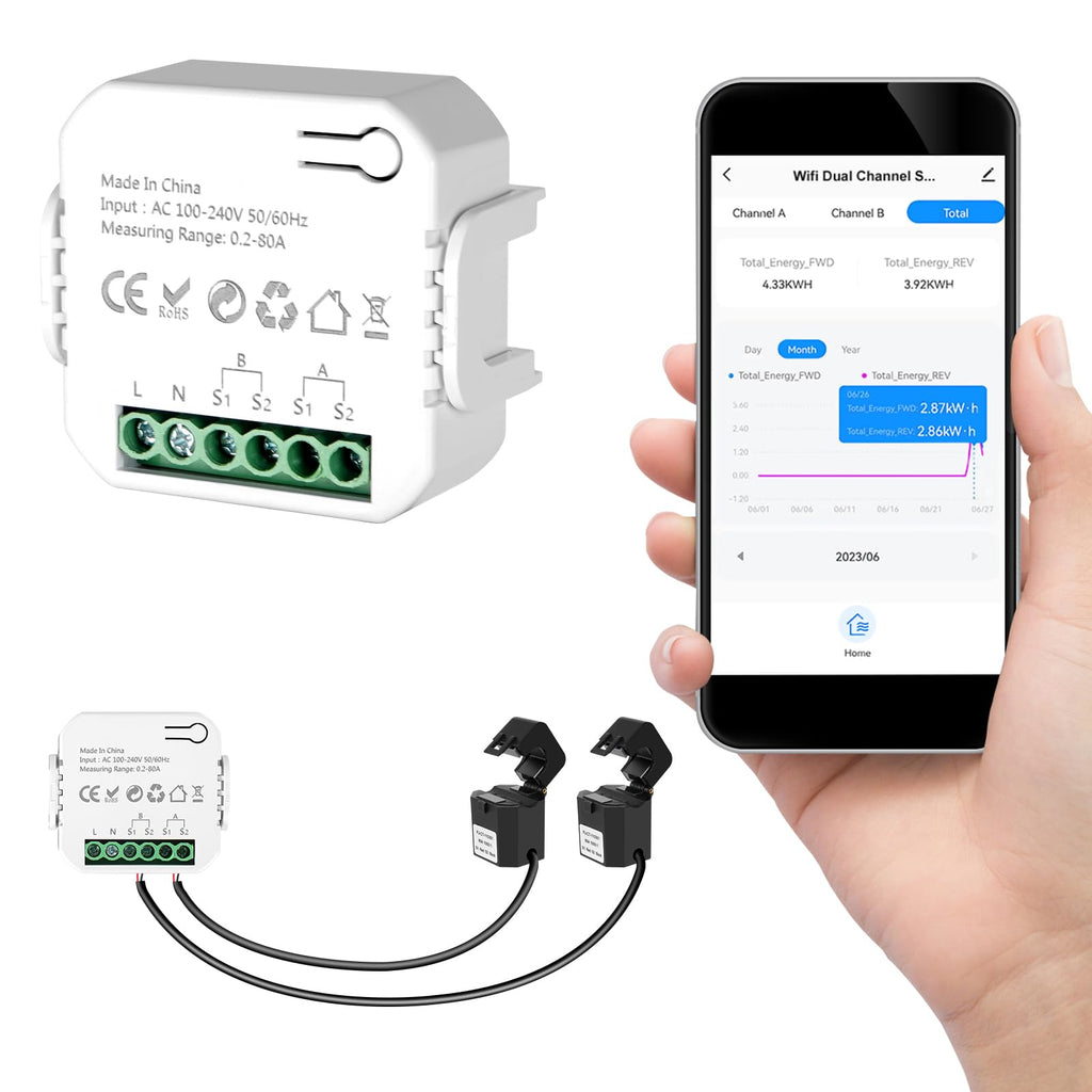 Smart Home Energy Monitor 2×80A Dual-Channel WiFi Energy Meter with App Control Y41699