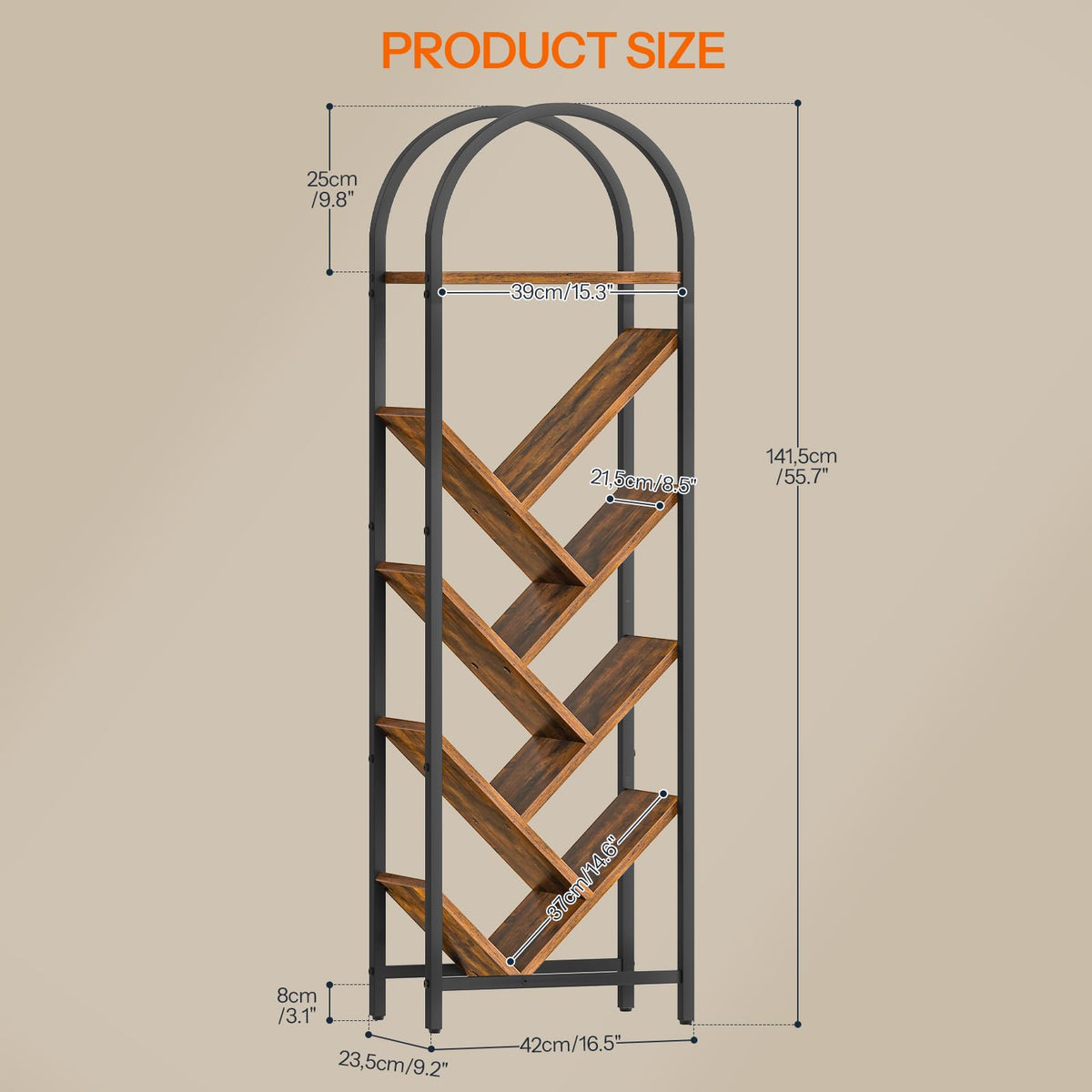 8-Tier Arched Bookshelf with Metal Frame O3964