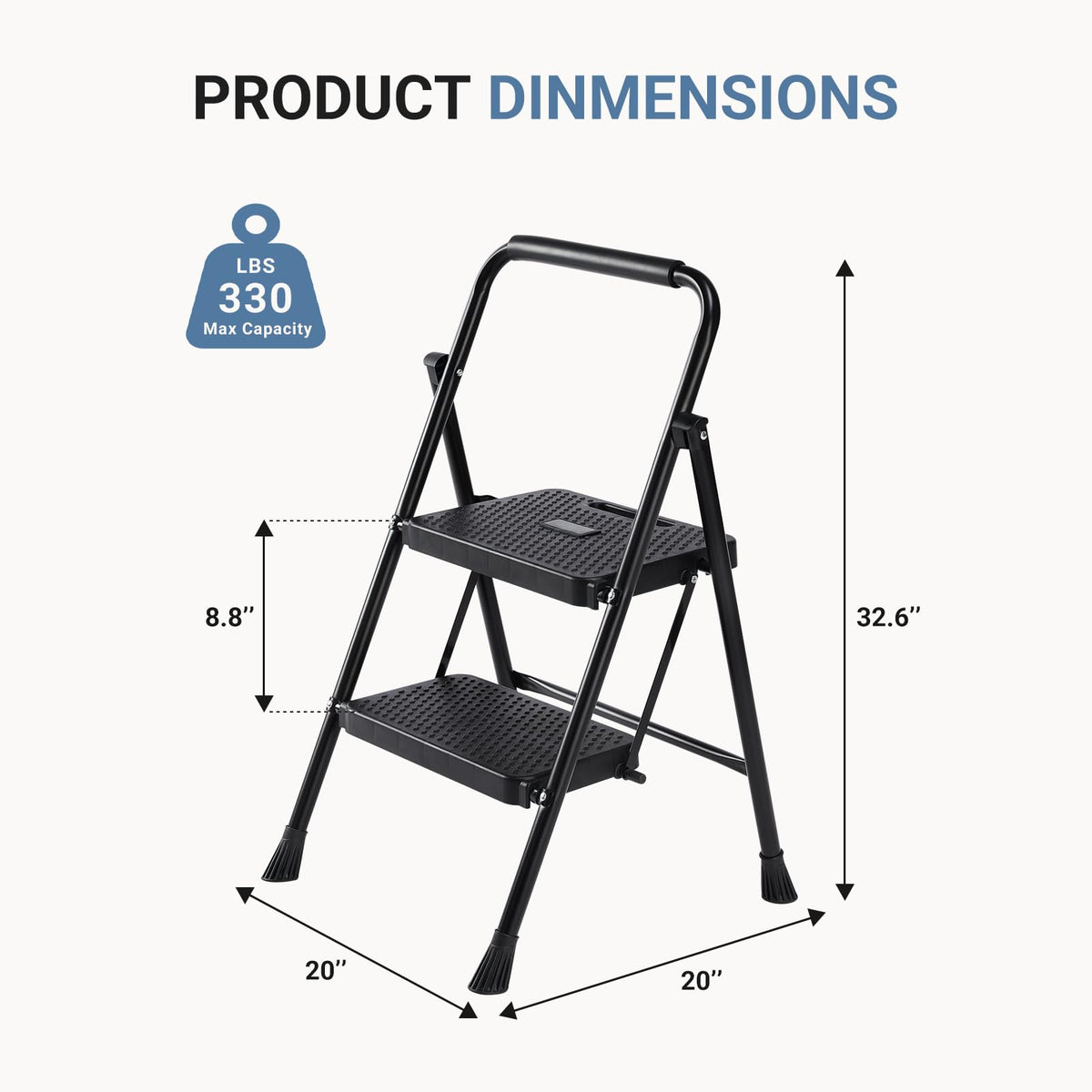 2 Step Stool with Anti-Slip Pedal & Handrail, 330lbs, Black P646