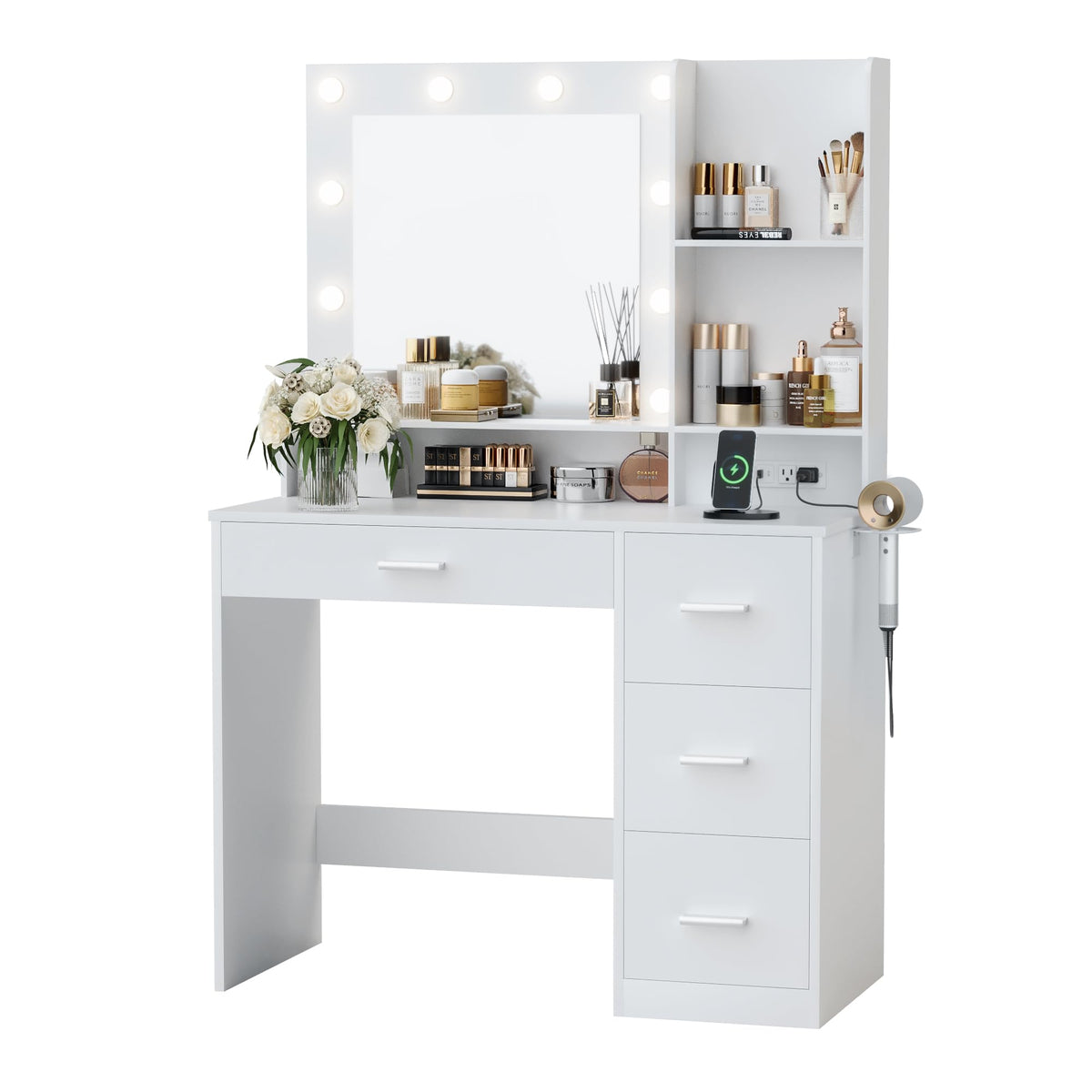 White Vanity Desk with Lighted Mirror and 4 Drawers T512413