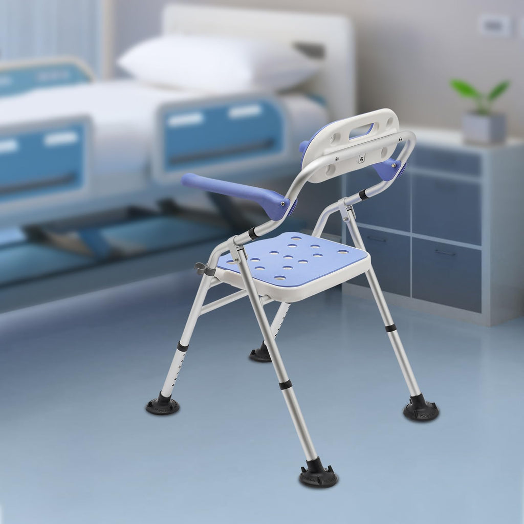 Folding Shower Seat with Arms and Back, Height Adjustable Non-Slip Bath Bench, 330lbs Capacity, Blue R324