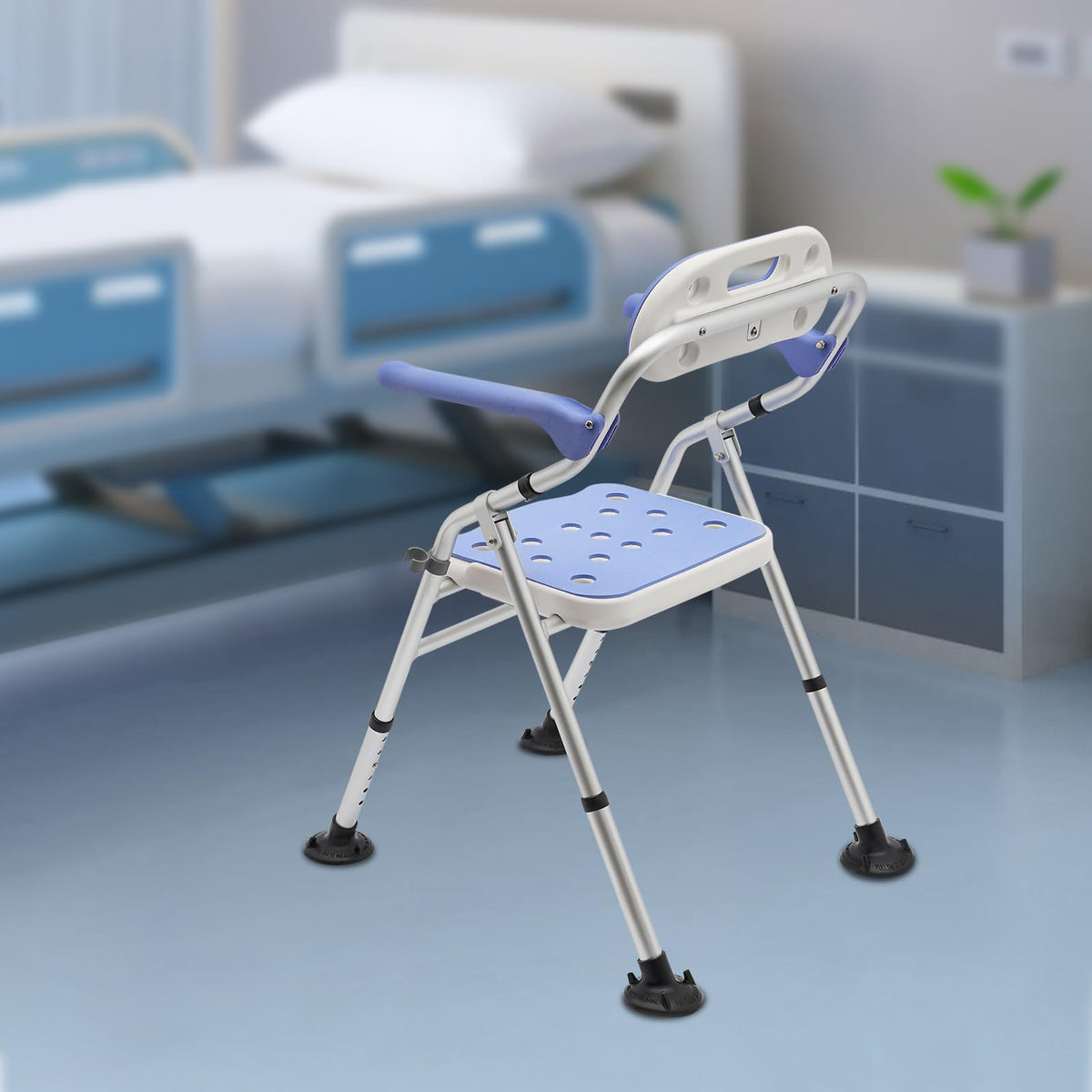 Folding Shower Seat with Arms and Back, Height Adjustable Non-Slip Bath Bench, 330lbs Capacity, Blue R324