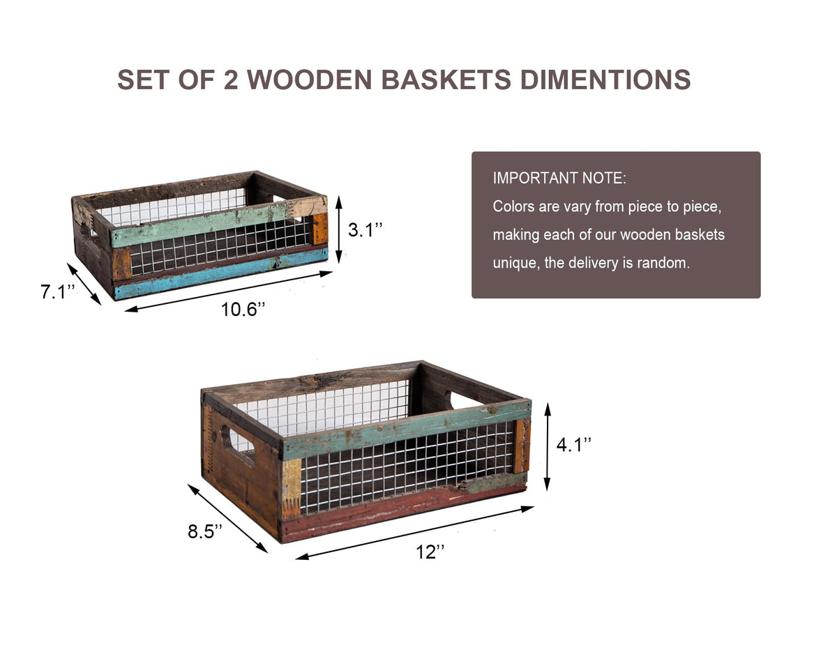 Set of 2 Rustic Wooden Nesting Baskets with Wire Mesh F582