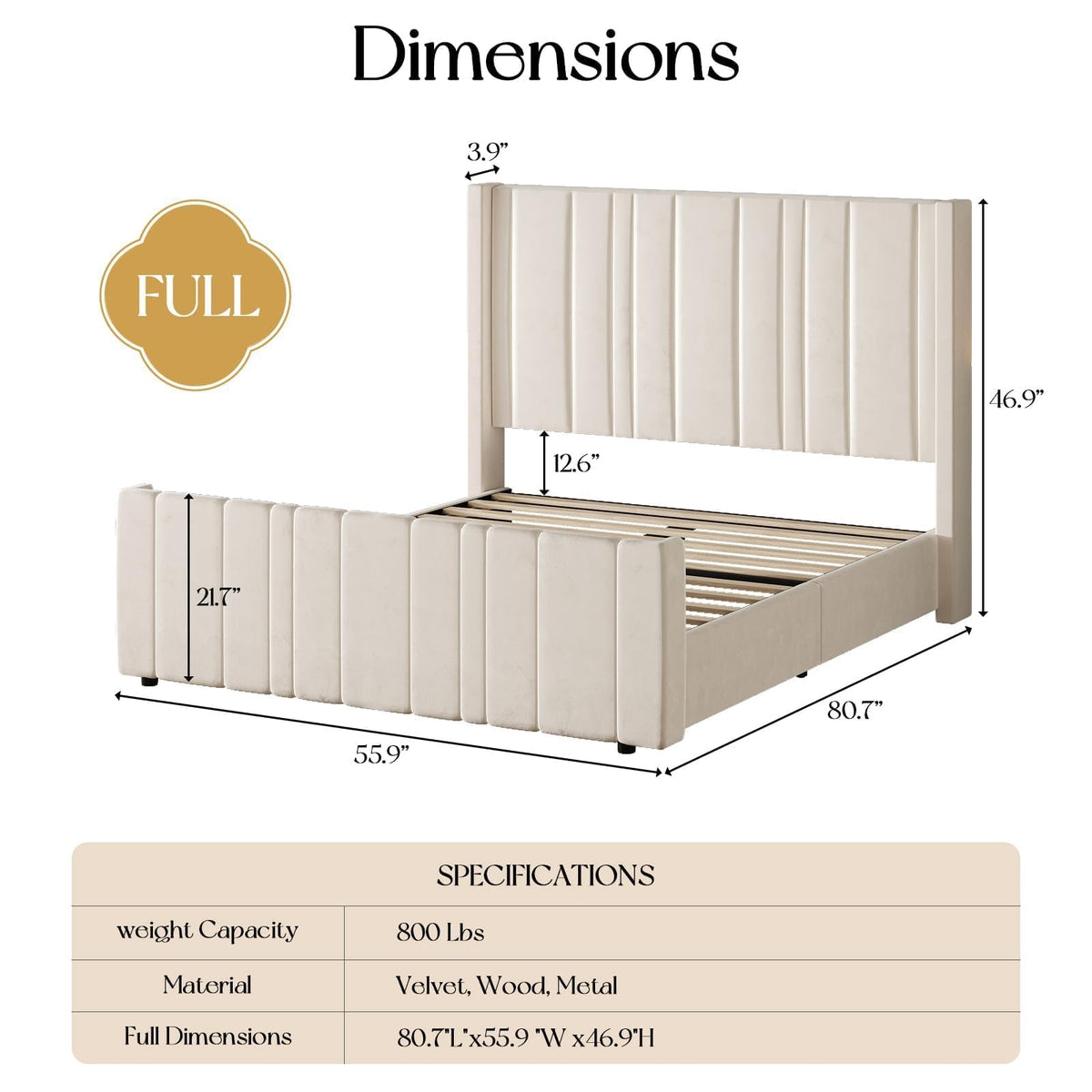 Full Size Velvet Headboard Bed Frame P9655