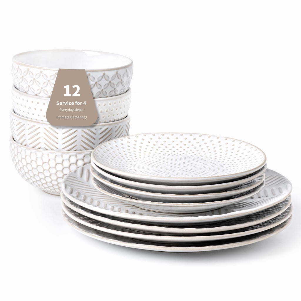 12 Piece Embossed Stoneware Dinnerware Sets for 4 P10373