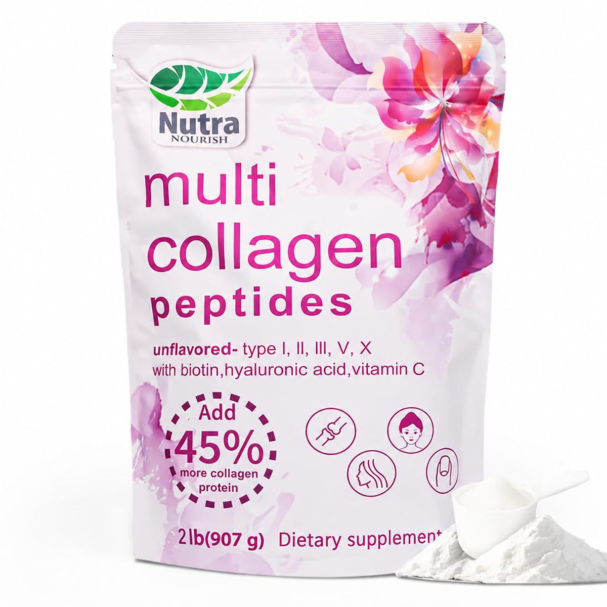 Multi Collagen Peptides Powder, 2LB Type I II III V X Unflavored E901247