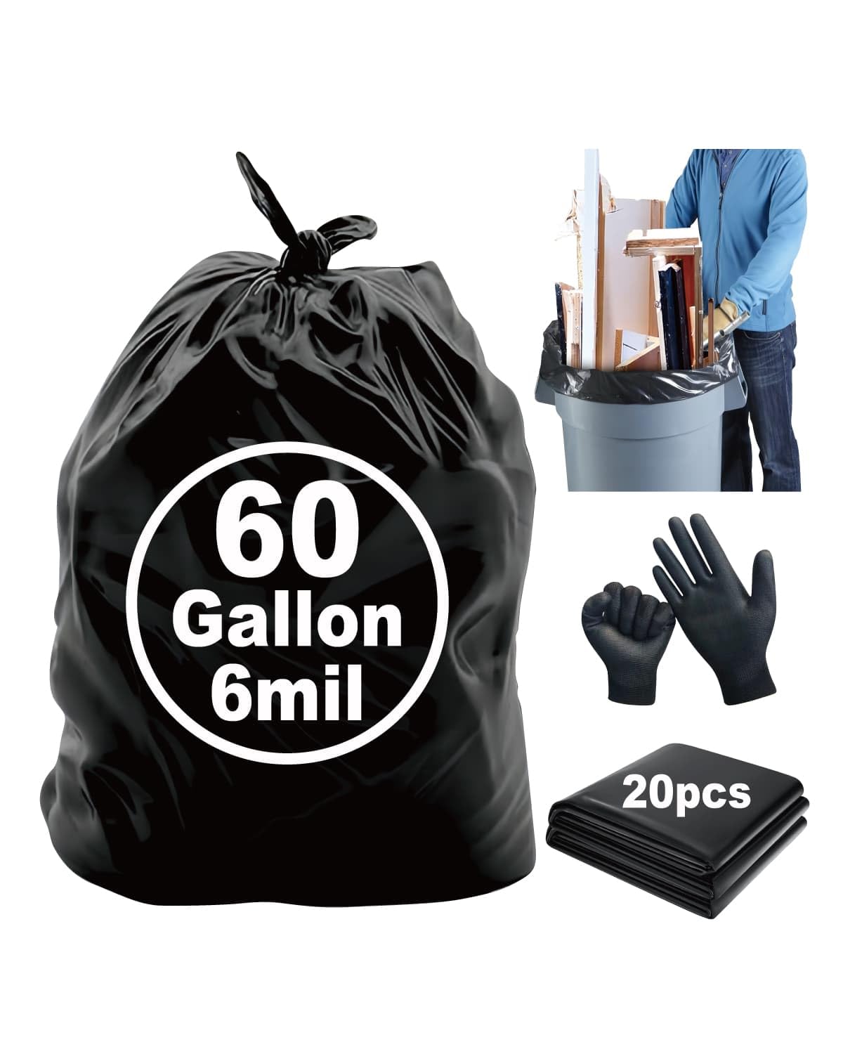 6 Mil Heavy Duty Contractor Trash Bags, 50/55/60 Gallon, Black, 20 Pack G72623