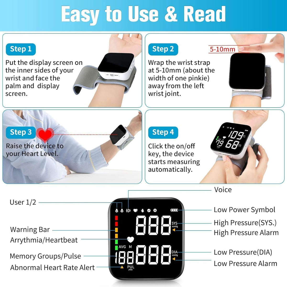 Wrist Blood Pressure Monitor with 90X2 Readings Memory J1246