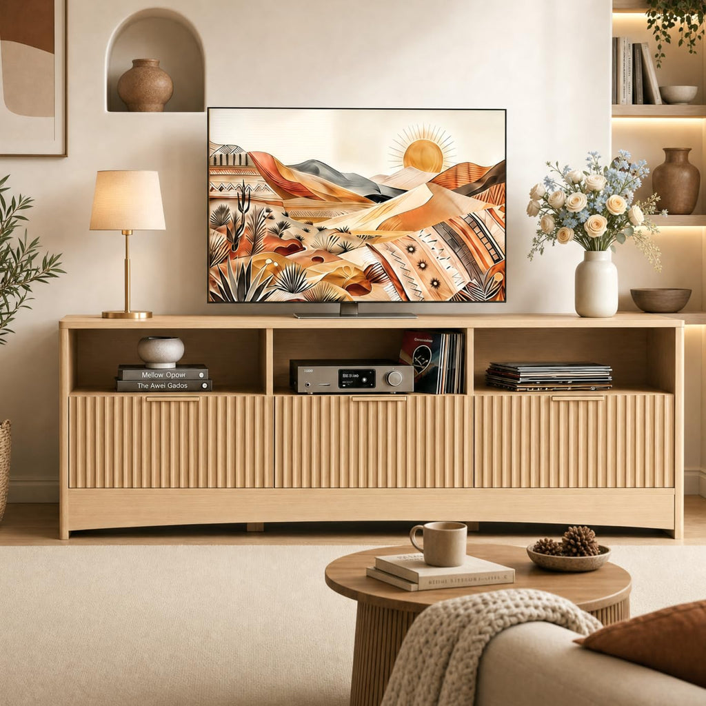 Oak Fluted TV Stand for 65 inch TV with Drawers W199