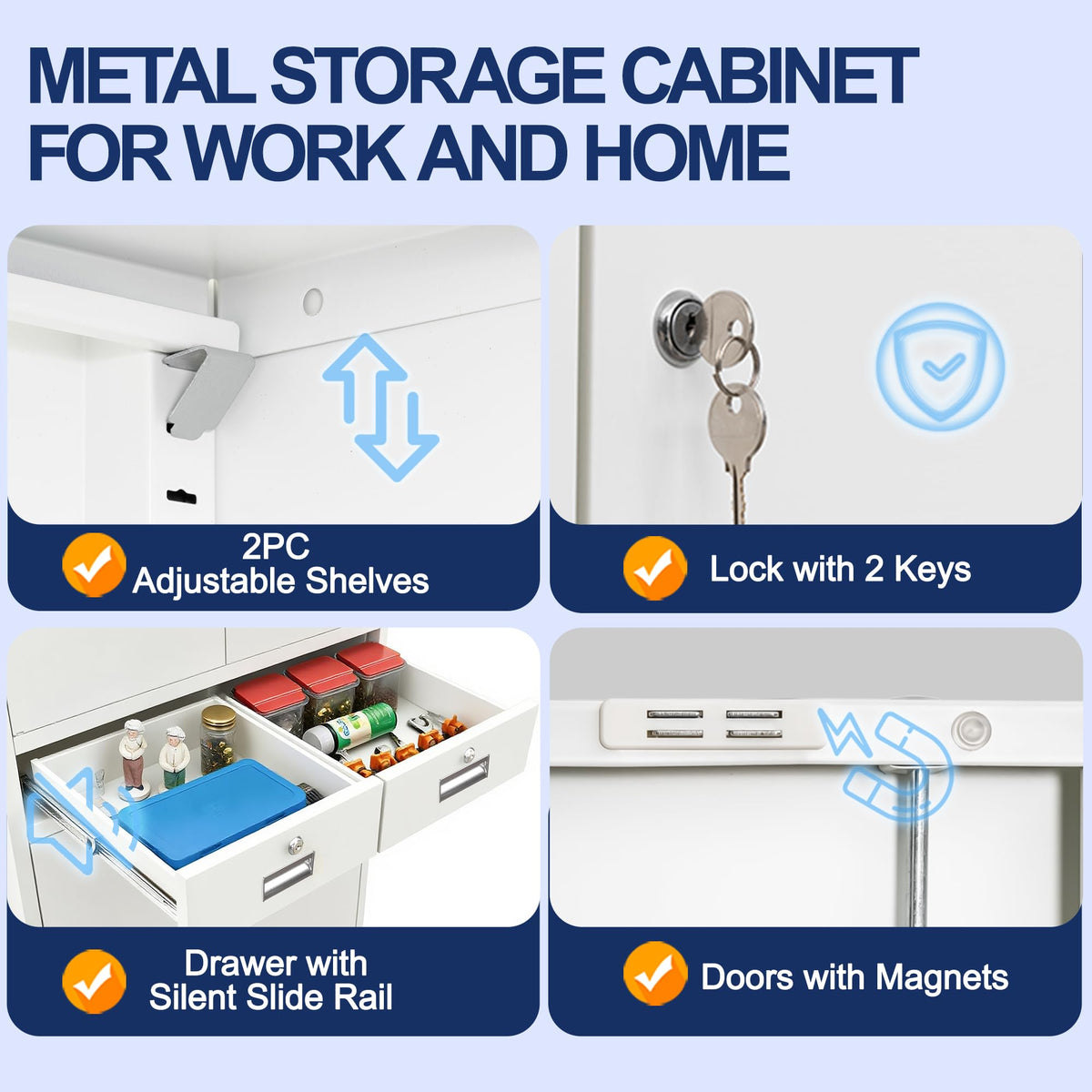 White Metal Storage Cabinet with 2 Drawers 4 Doors and Lock H536356