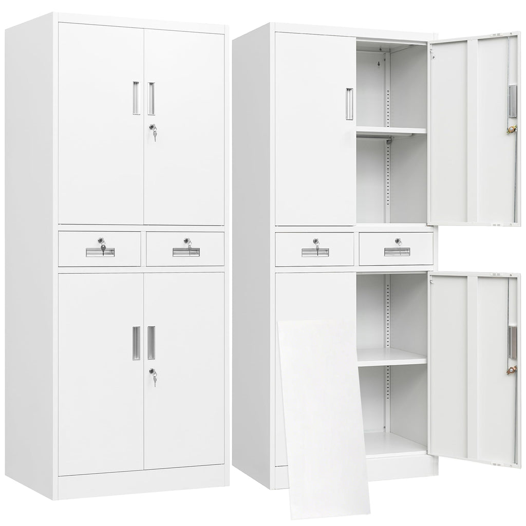White Metal Storage Cabinet with 2 Drawers 4 Doors and Lock H536356
