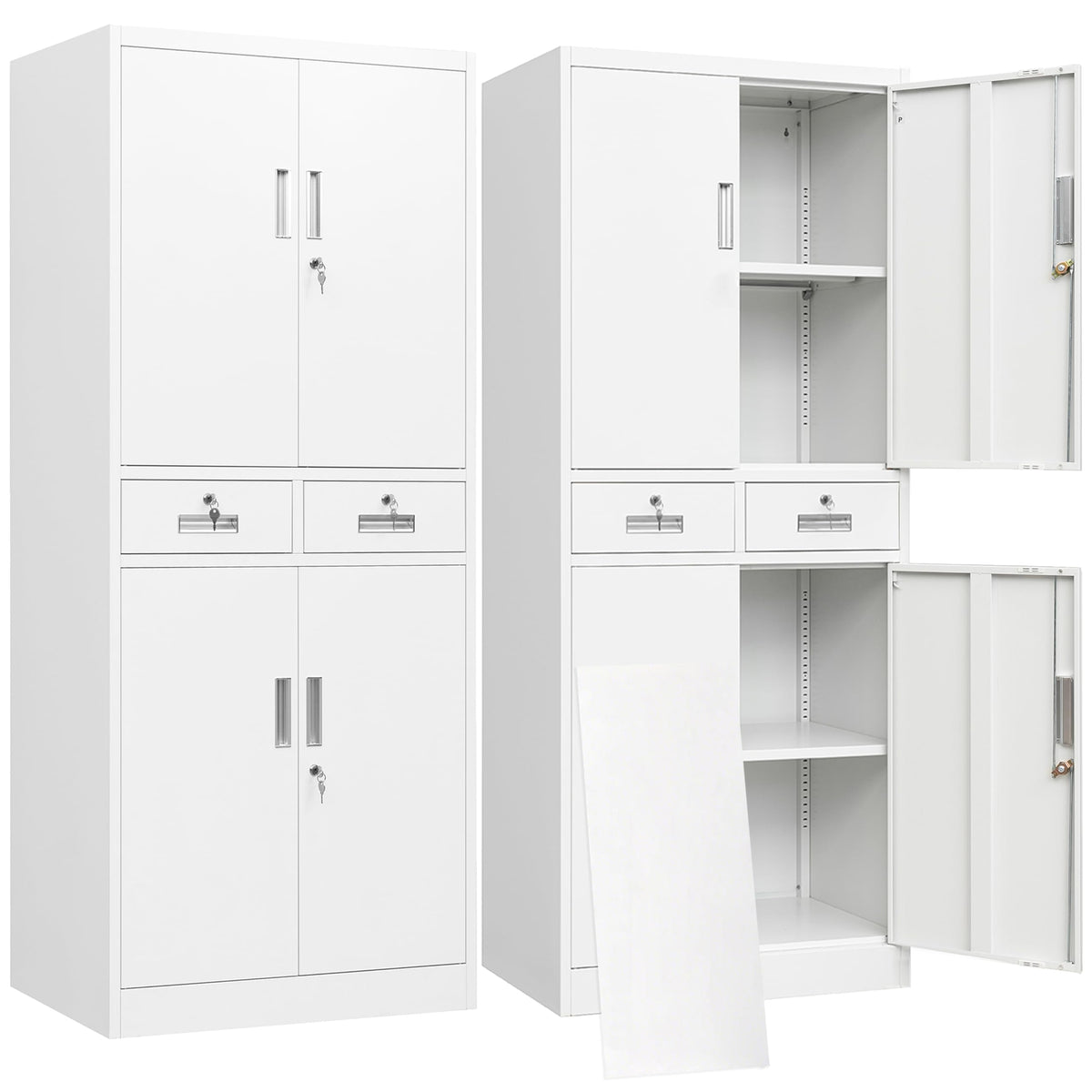 White Metal Storage Cabinet with 2 Drawers 4 Doors and Lock H536356