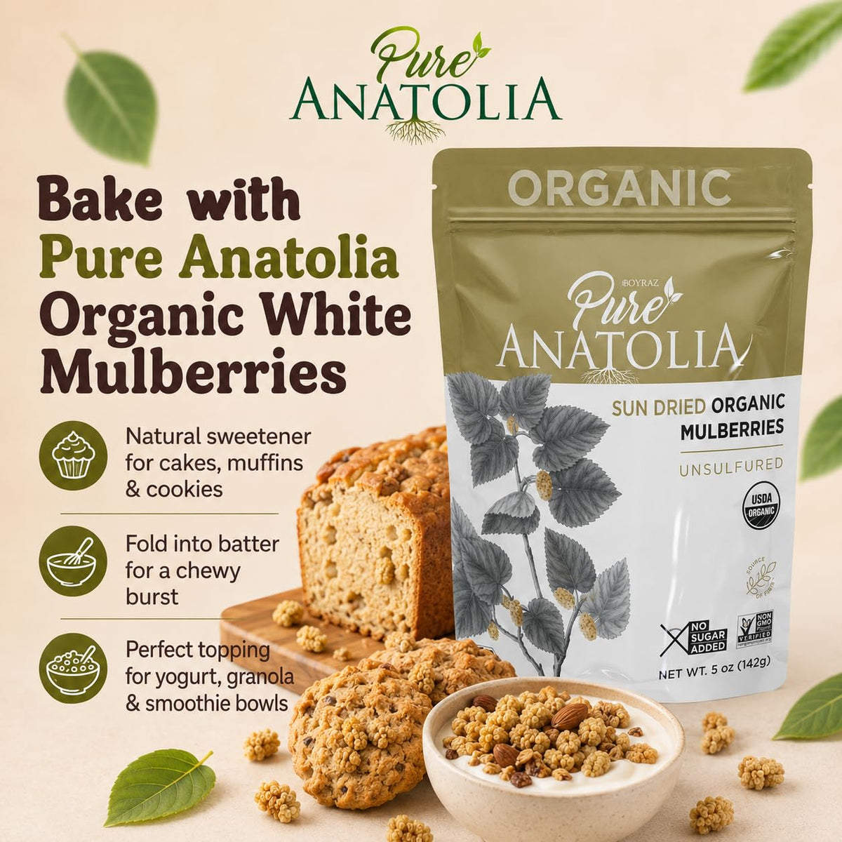 Organic Sun Dried White Mulberries 5 oz Resealable Bag F587