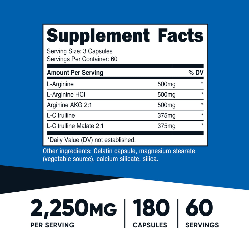 Nitric Oxide Booster 2250mg 180 Capsules Gluten Free E810
