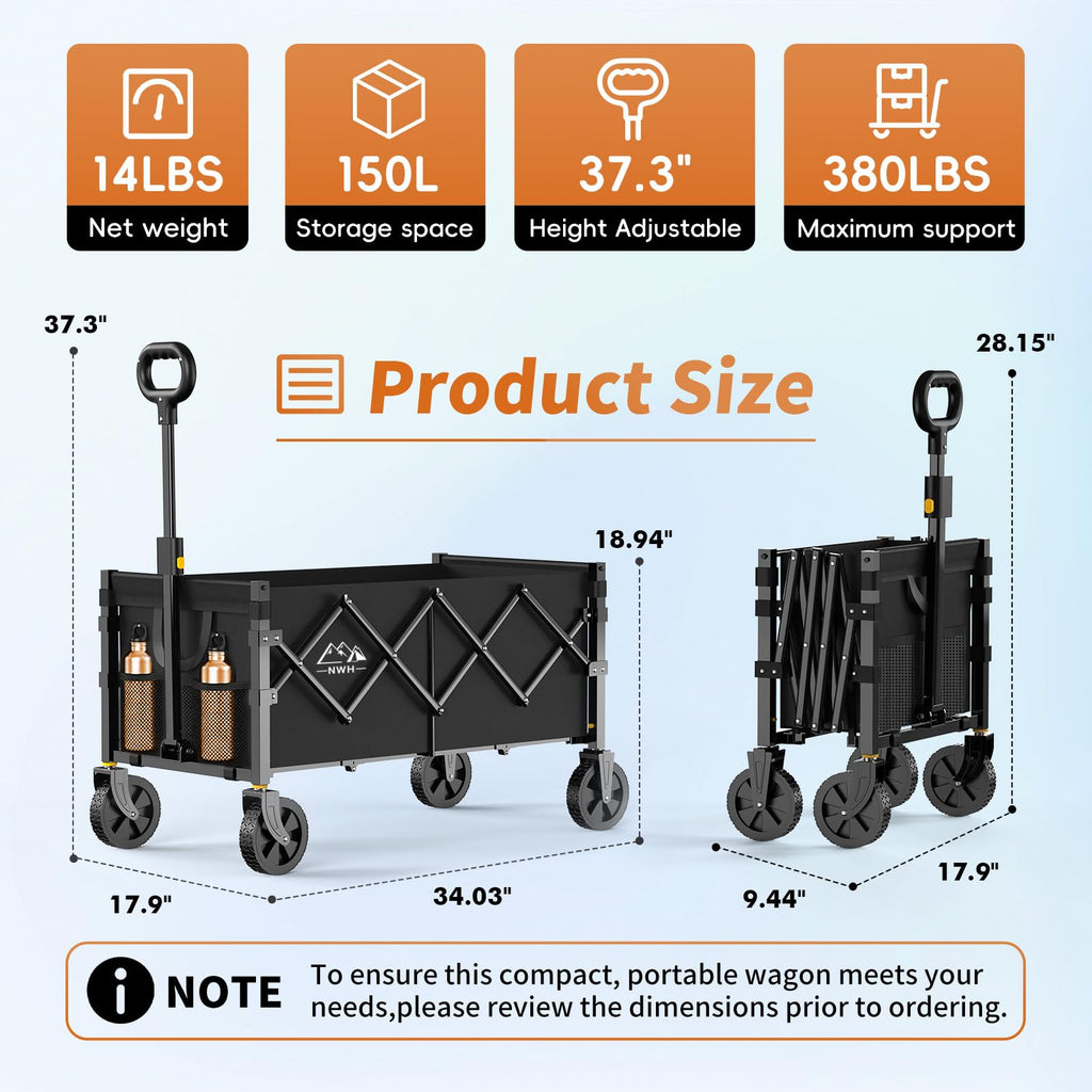 34'' Extra Long Collapsible Wagon, 380lbs Heavy Duty Utility Cart with All-Terrain Wheels B240