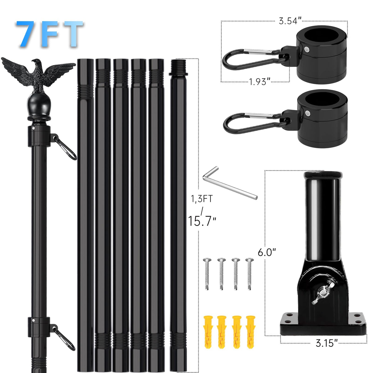 7FT Stainless Steel Flag Pole Kit with Solar Light and Adjustable Bracket Q105