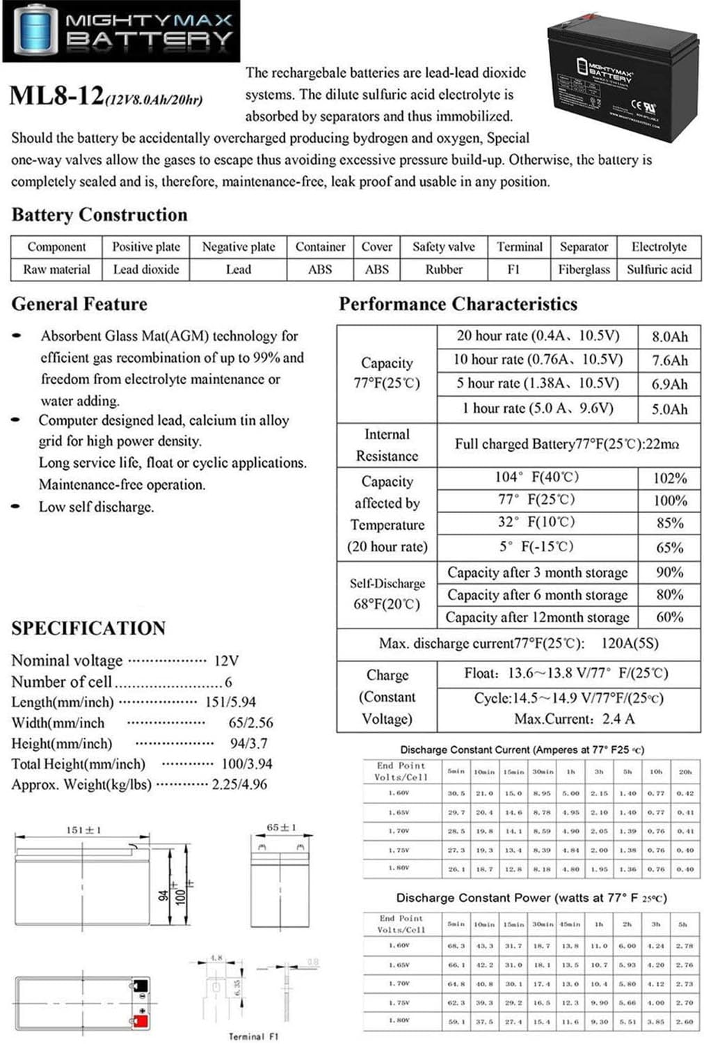 12 Volt 8 AH Rechargeable SLA AGM Battery G27225