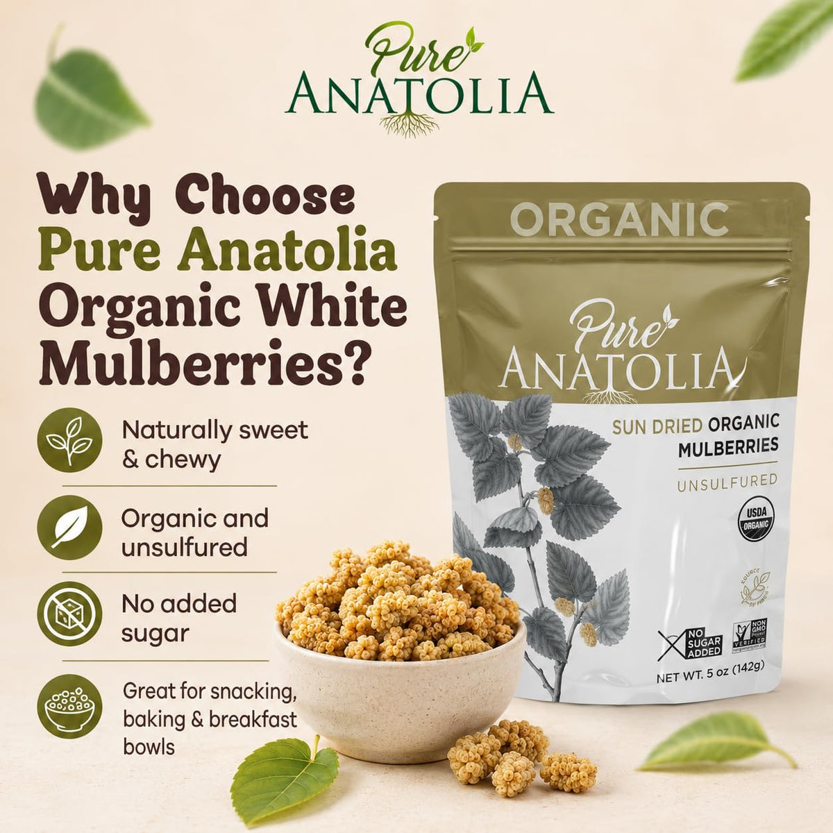 Organic Sun Dried White Mulberries 5 oz Resealable Bag F587