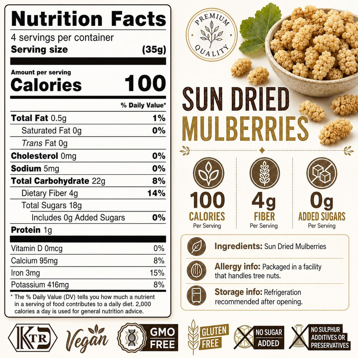 Organic Sun Dried White Mulberries 5 oz Resealable Bag F587