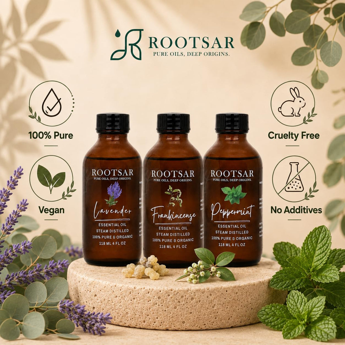 3 Pack Lavender Frankincense Peppermint Essential Oils 4 Fl Oz E424350