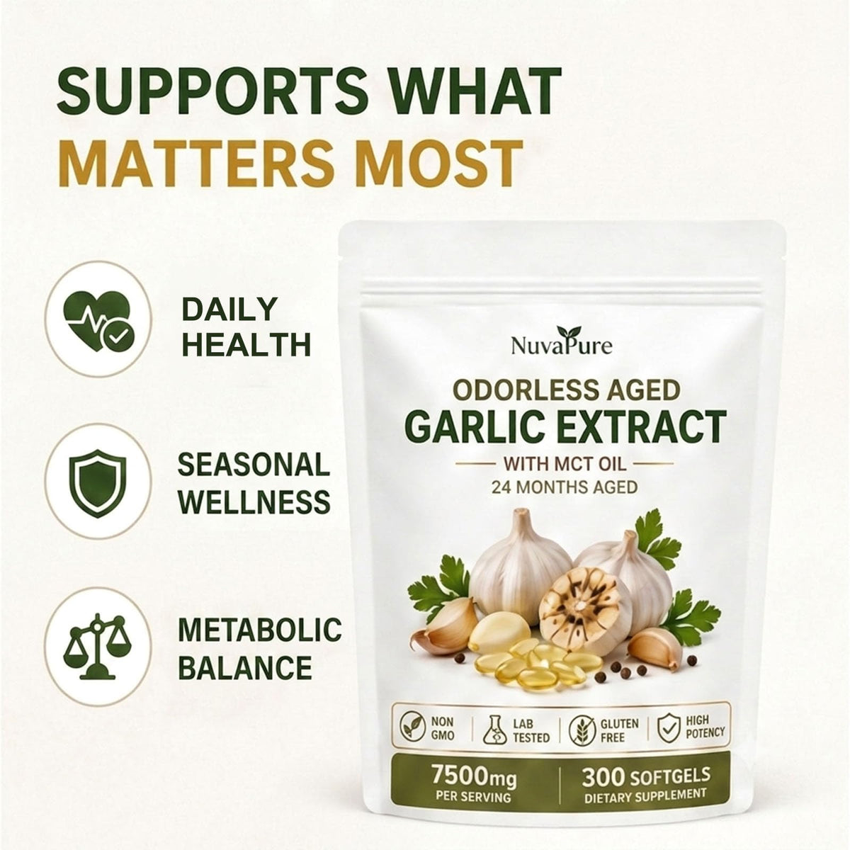 Odorless Aged Garlic Extract Supplement, 300 Softgels T721