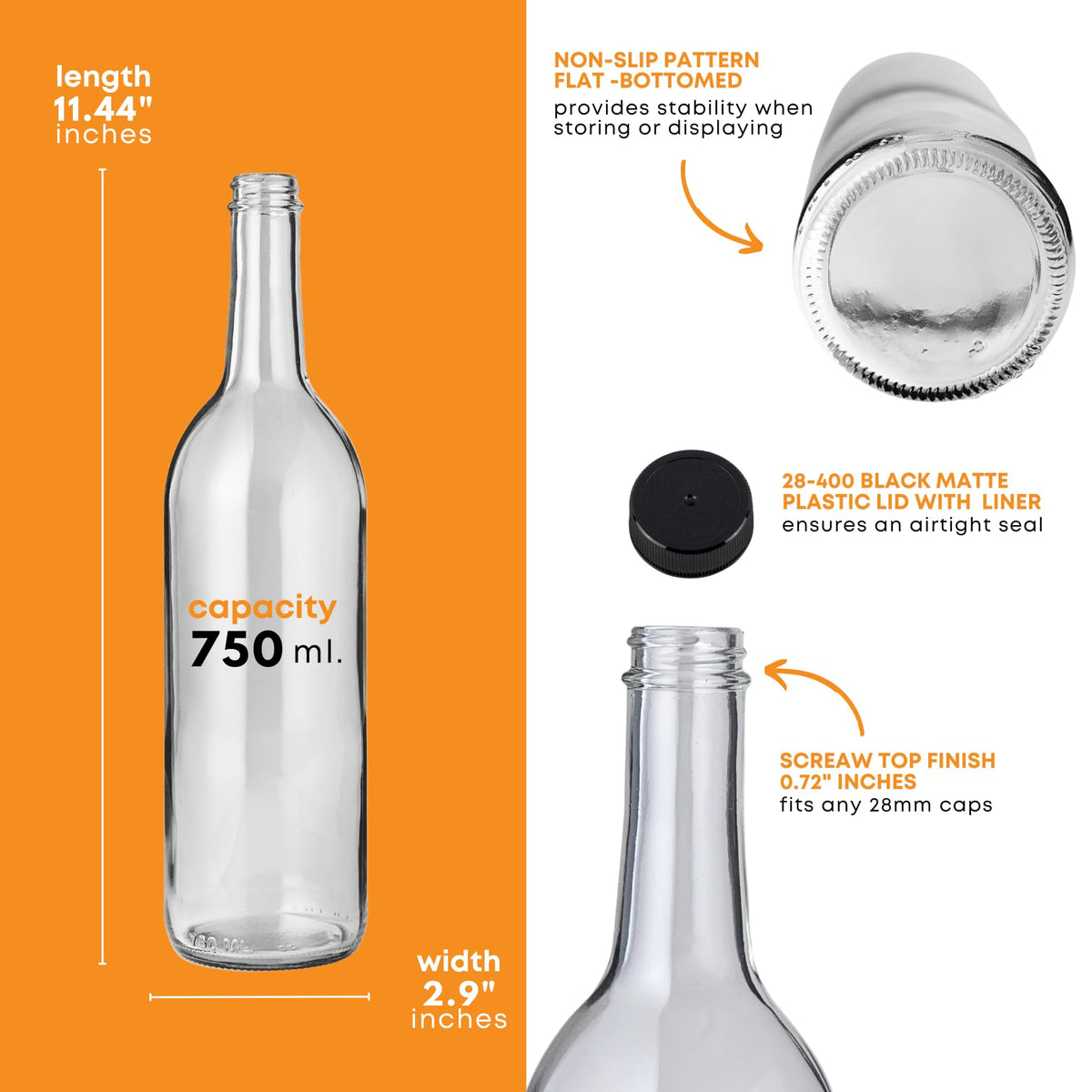 750ml Clear Glass Bottles with Lids, 48-Pack T1666