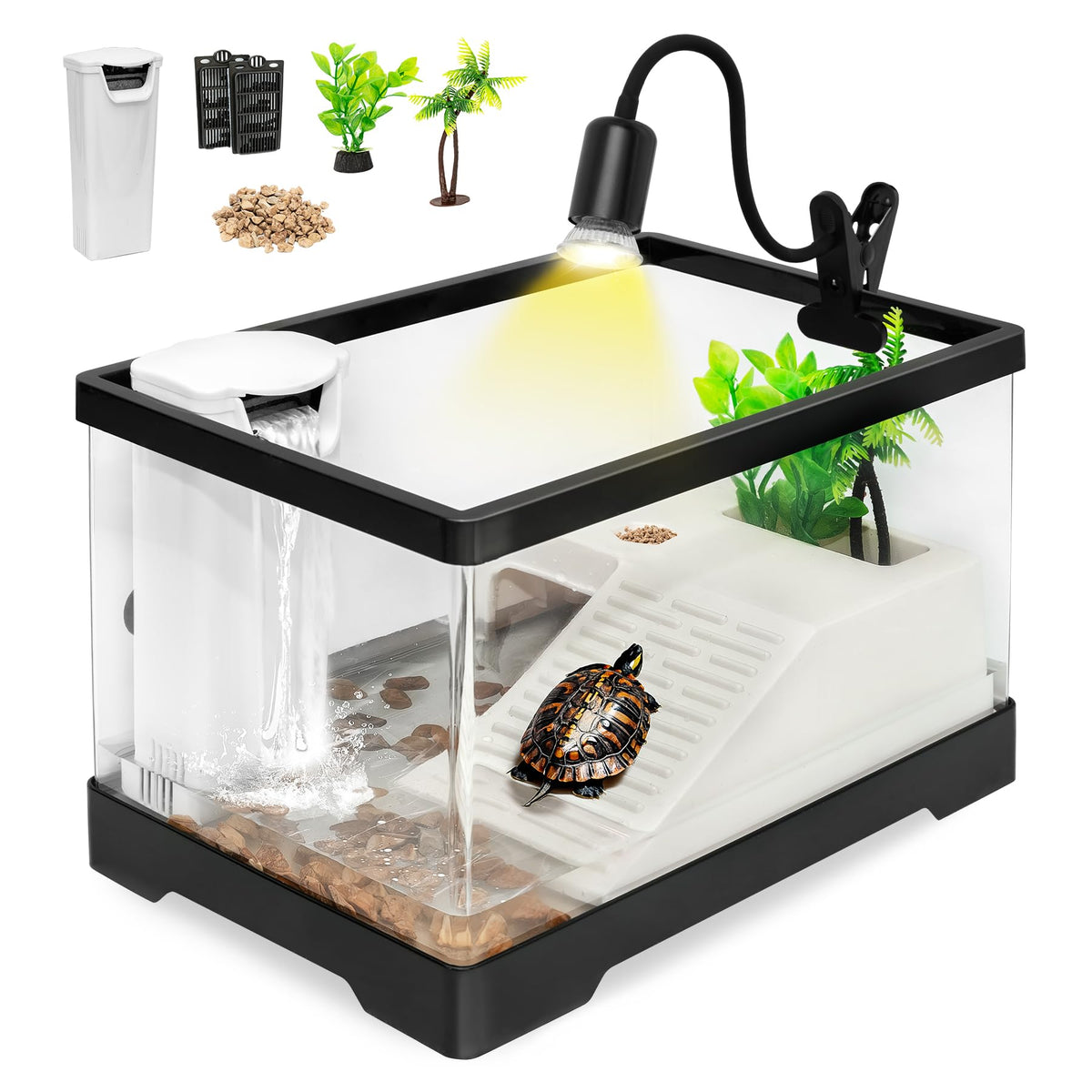 Turtle Tank Kit with Heat Lamp, Filter, UVB Lamp, Plants, Basking Platform H165