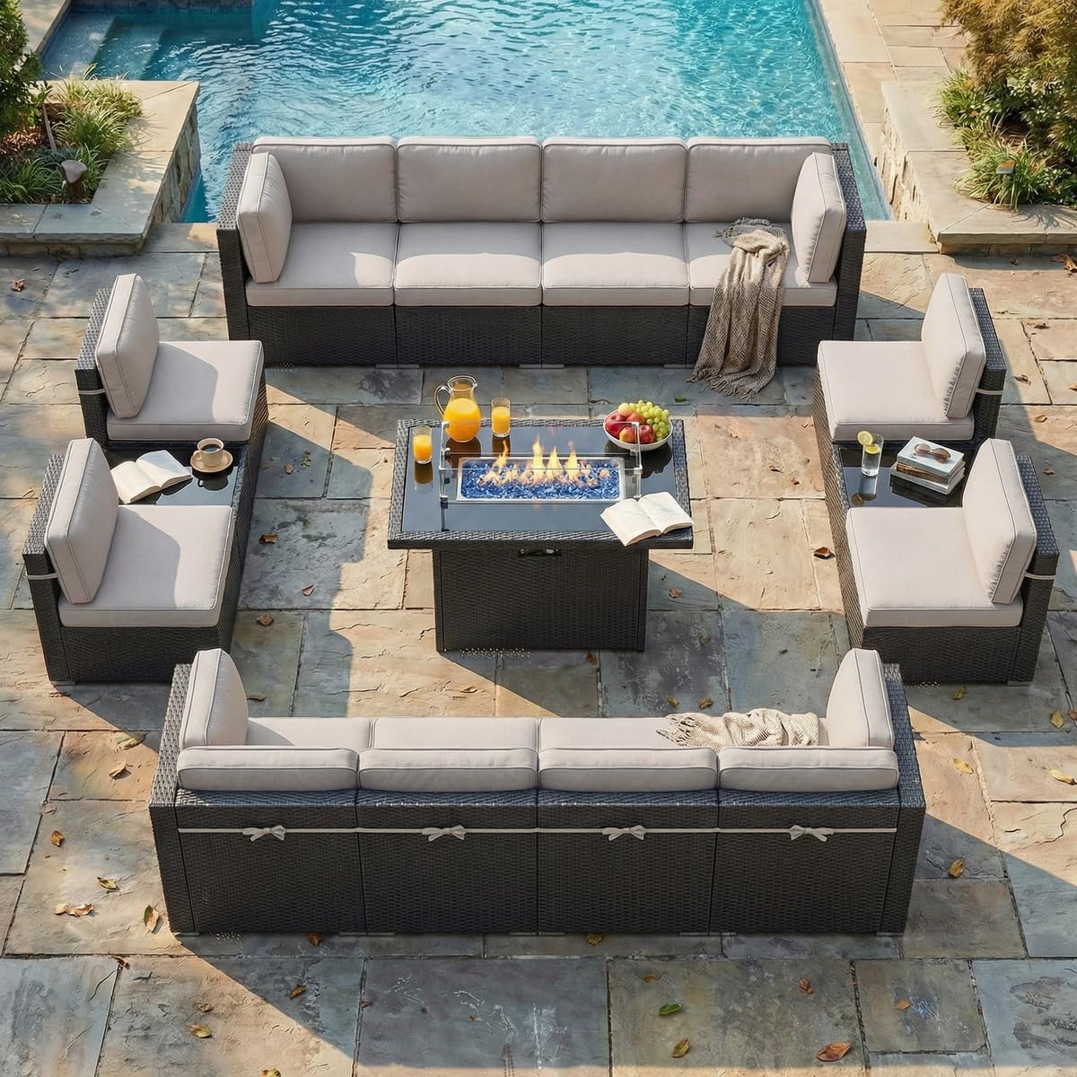 15 Piece Wicker Rattan Patio Furniture Set with Fire Pit Table Y19906