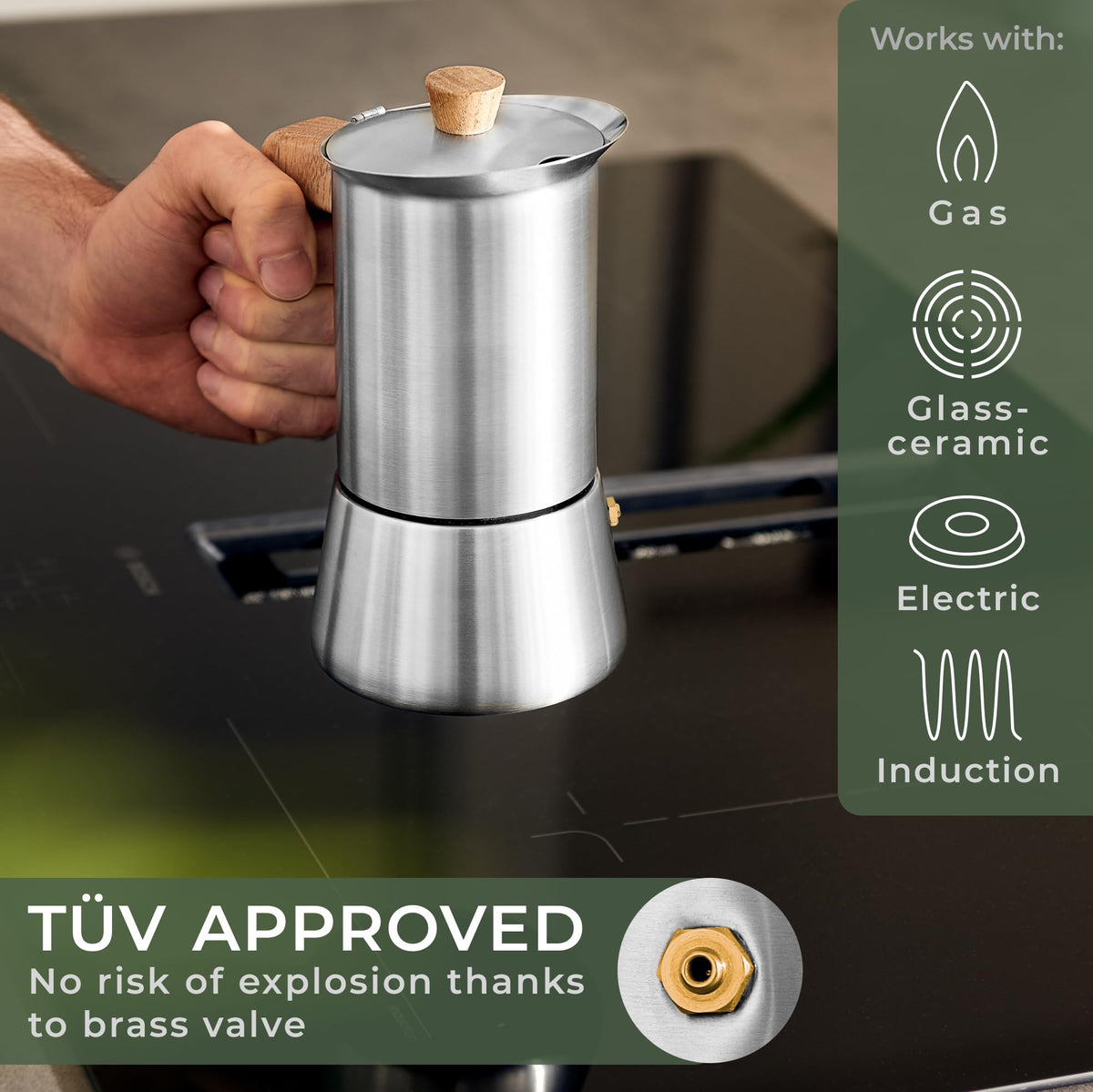 Stainless Steel Moka Pot 10oz Oak Wood Handle Stovetop Espresso Maker M737638