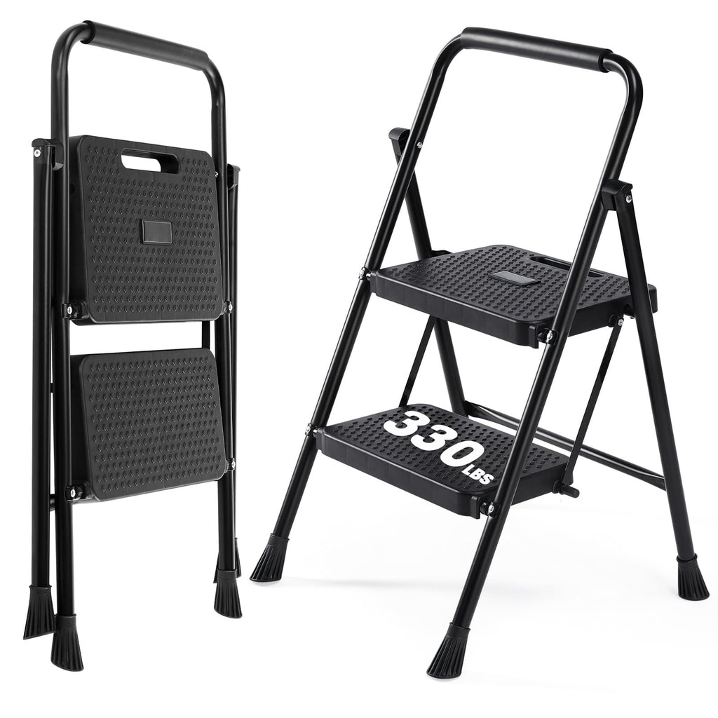 2 Step Stool with Anti-Slip Pedal & Handrail, 330lbs, Black P646