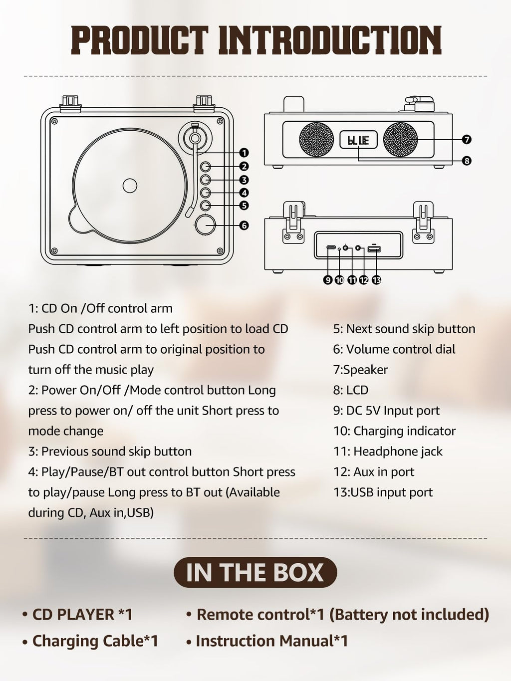 Portable CD Player with Built-in Speakers Bluetooth I300