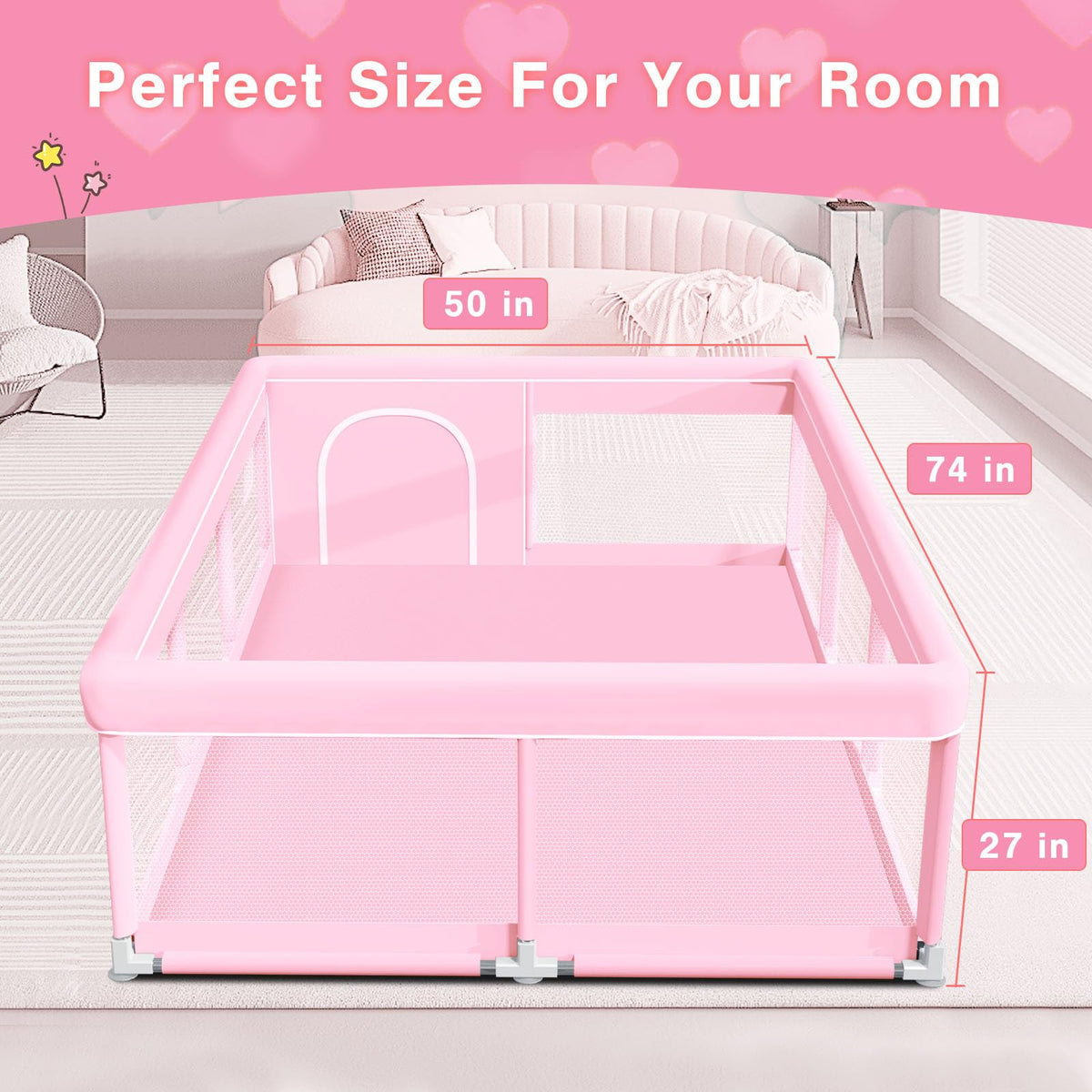 Pink Baby Playpen 74x50 Inches with Mesh U3305