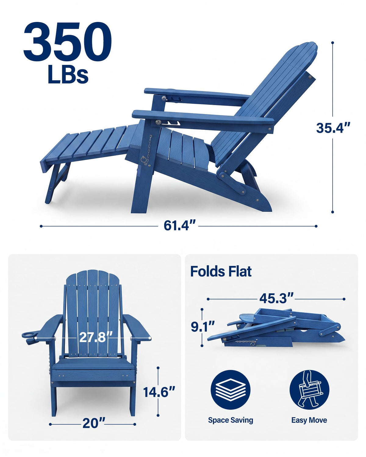 Blue HDPE Adirondack Chairs with Footrest Set of 4 D3554