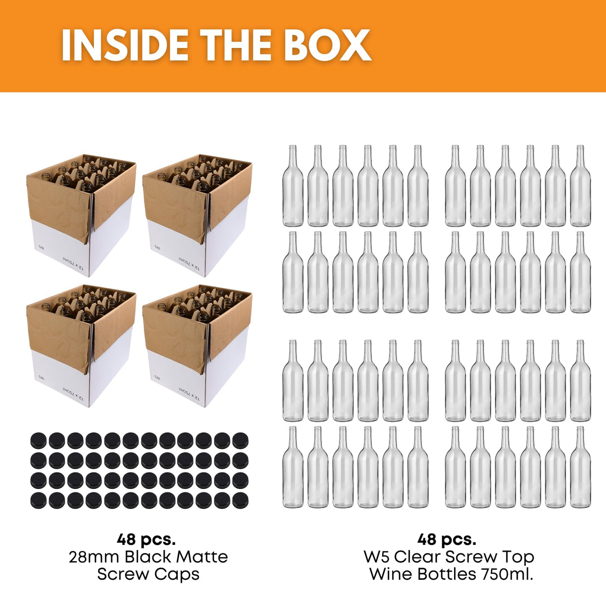 750ml Clear Glass Bottles with Lids, 48-Pack T1666