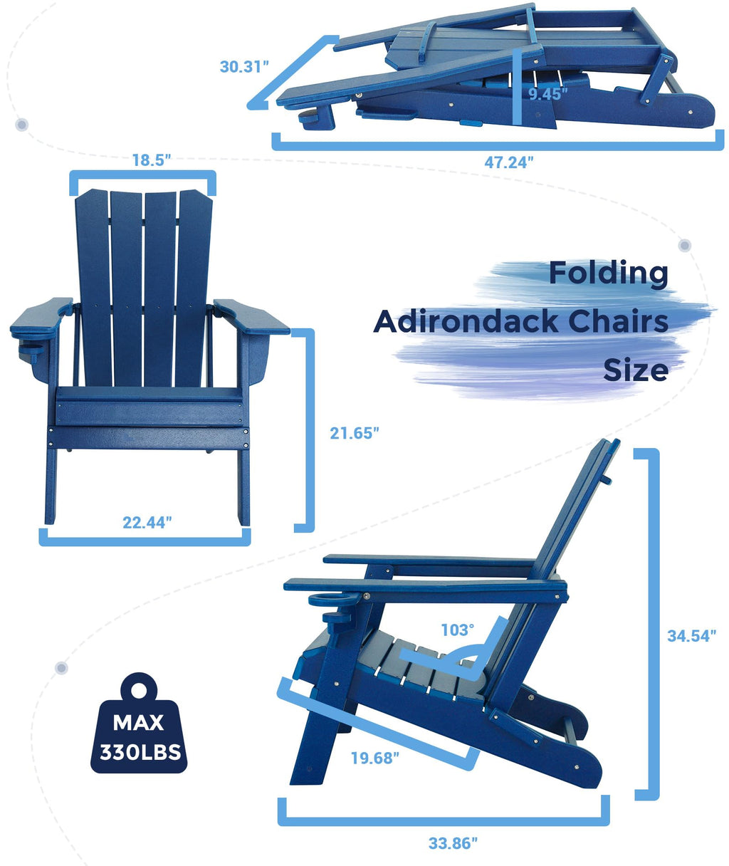 Oversized Folding HDPE Adirondack Chair with Cup Holder, Blue H401675