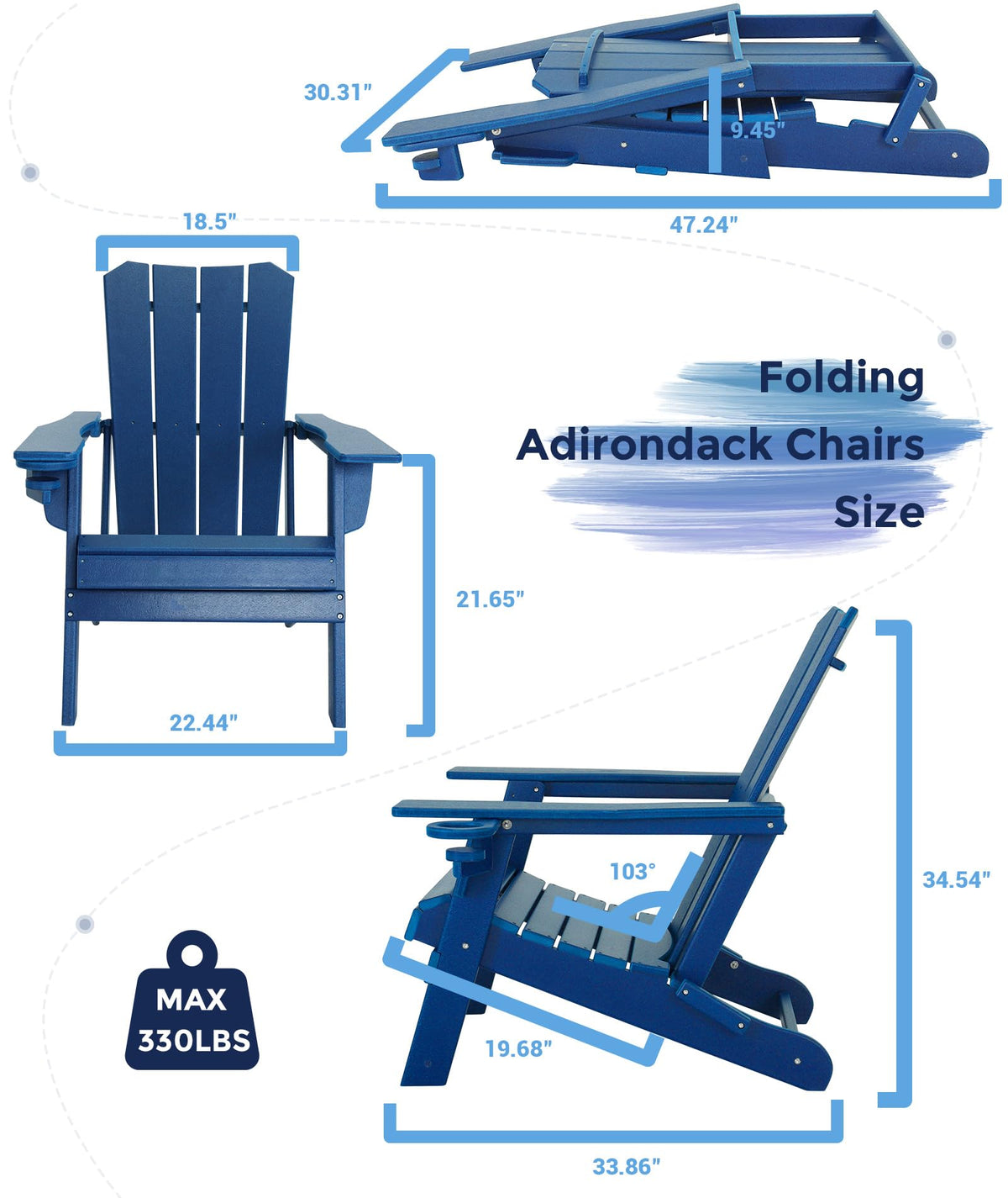 Oversized Folding HDPE Adirondack Chair with Cup Holder, Blue H401675