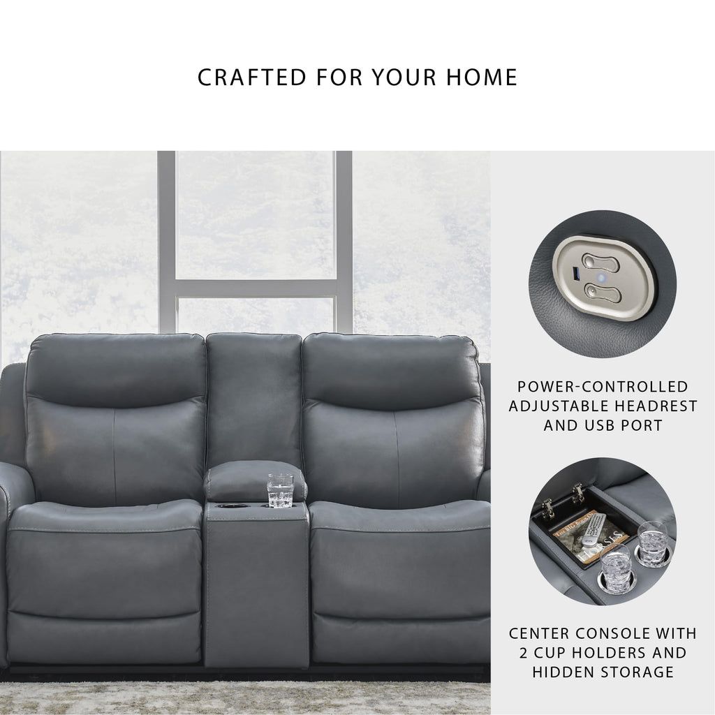 Gray Leather Match Power Reclining Loveseat with Console S1413