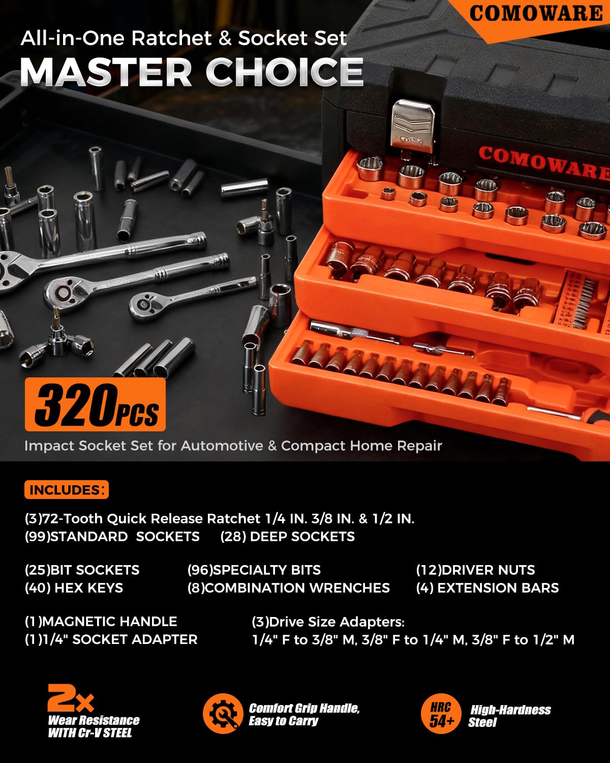320-Piece Mechanic Tool Set with Case, 1/4" 3/8" 1/2" Drive SAE & Metric Socket Wrench Set, CR-V Steel X291365