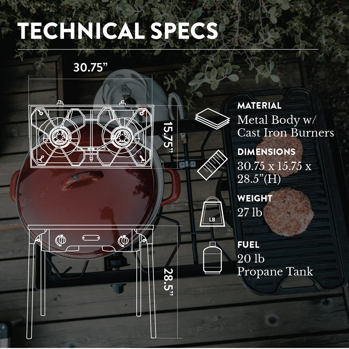 Propane Double Burner Camp Stove with Windscreen and Removable Legs U562