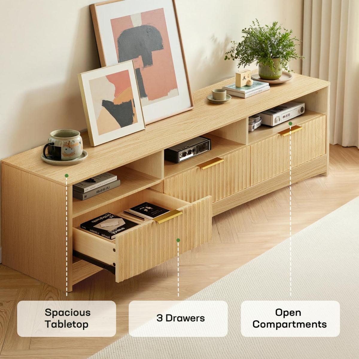 Oak Fluted TV Stand for 65 inch TV with Drawers W199