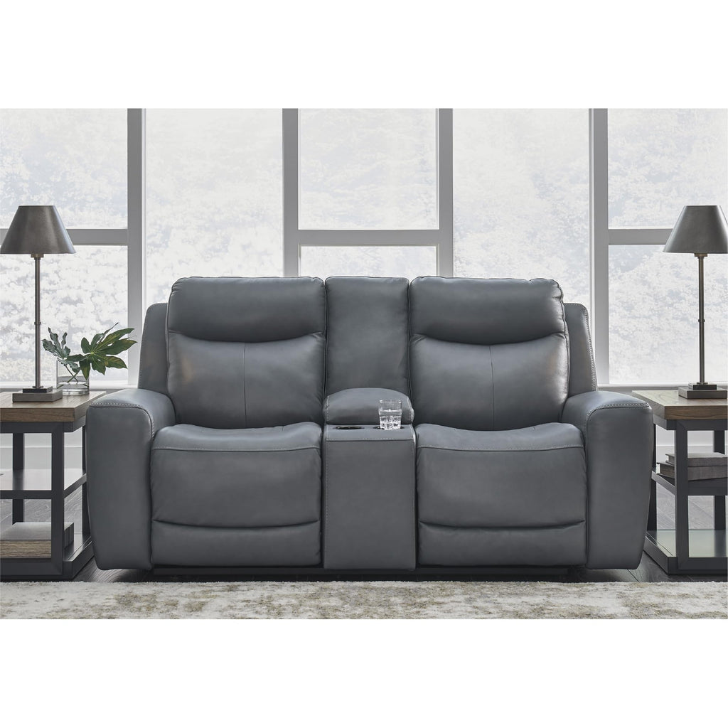 Gray Leather Match Power Reclining Loveseat with Console S1413