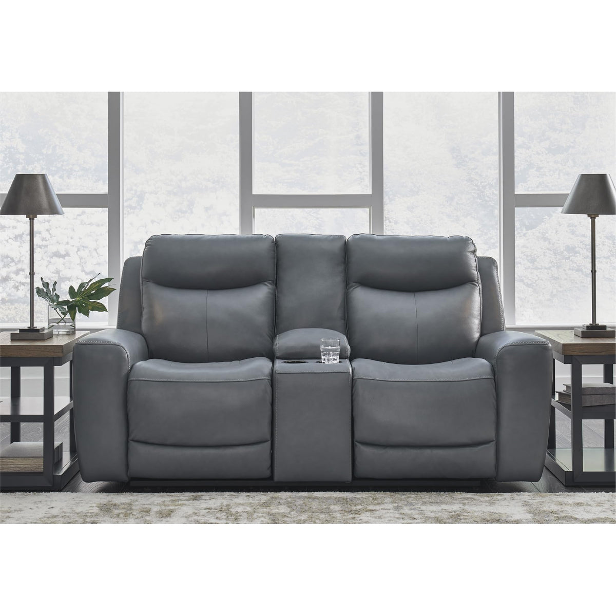 Gray Leather Match Power Reclining Loveseat with Console S1413