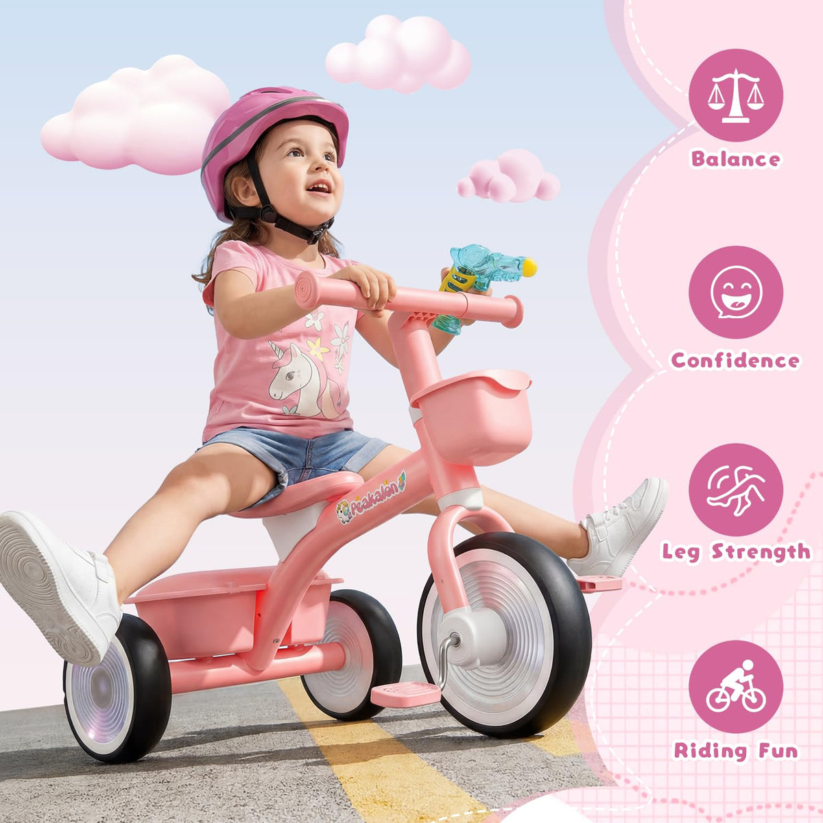 Pink Toddler Tricycle with Adjustable Seat and 2 Basket Q749505