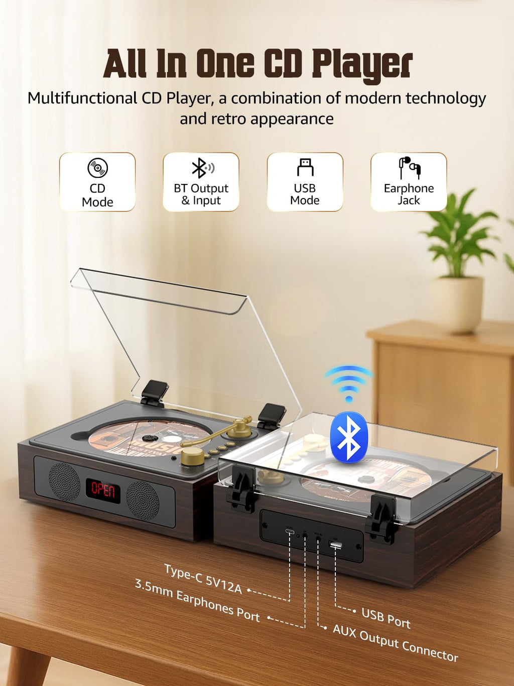 Portable CD Player with Built-in Speakers Bluetooth I300