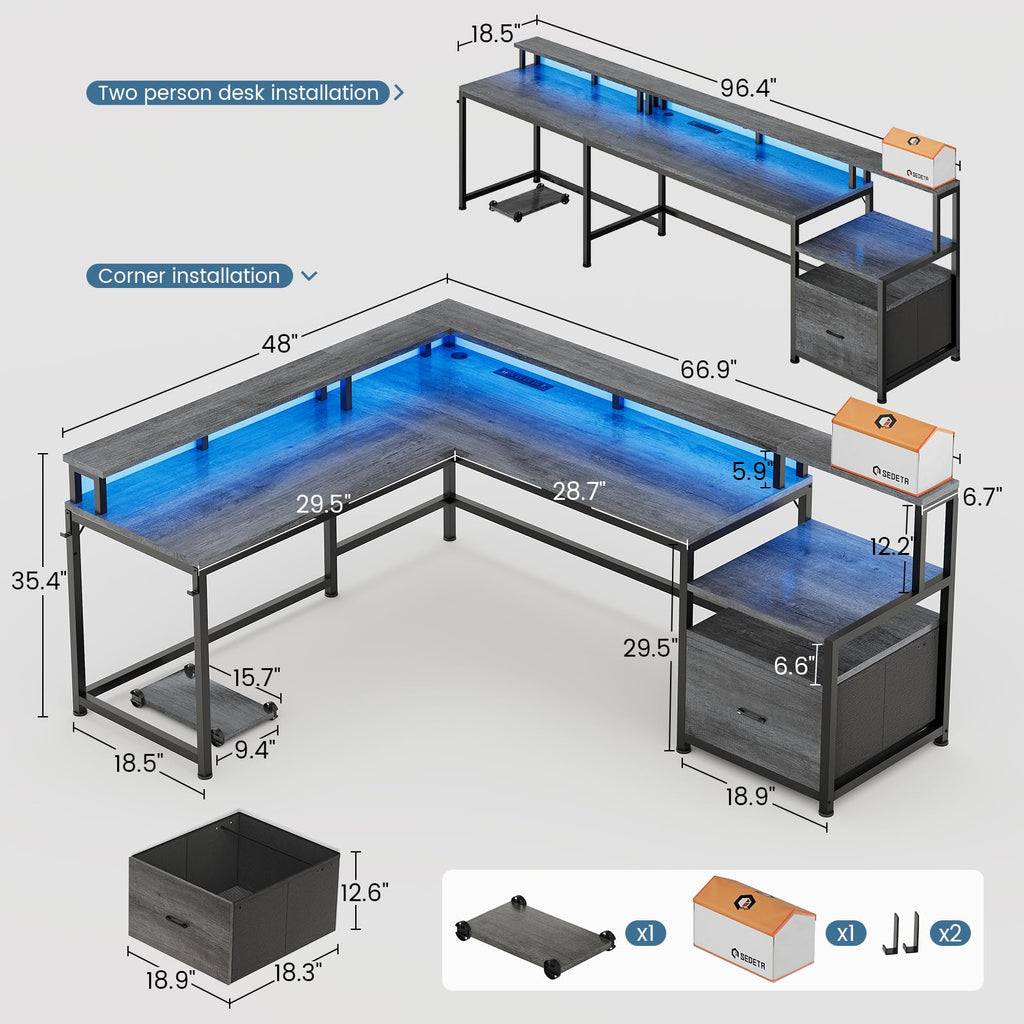 66" Reversible L Shaped Computer Desk with File Drawer V415
