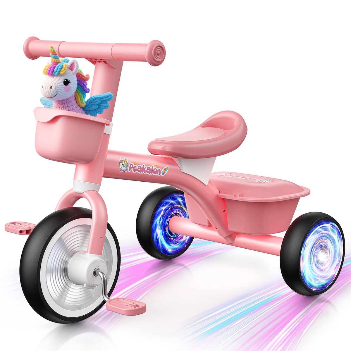 Pink Toddler Tricycle with Adjustable Seat and 2 Basket Q749505