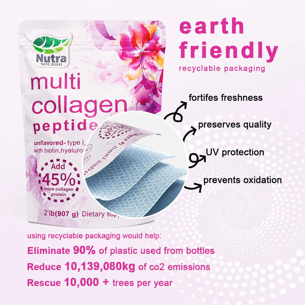 Multi Collagen Peptides Powder, 2LB Type I II III V X Unflavored E901247